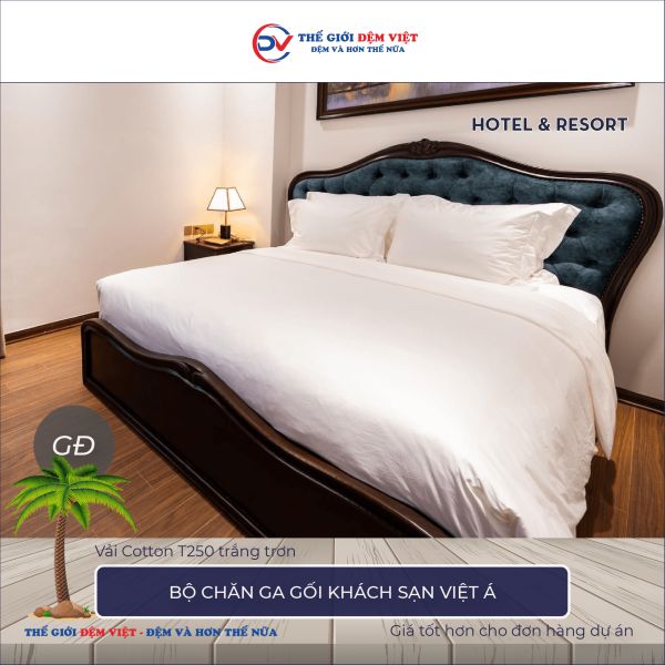 Bộ chăn ga gối khách sạn Việt Á vải Cotton T250 màu trắng trơn 3-3